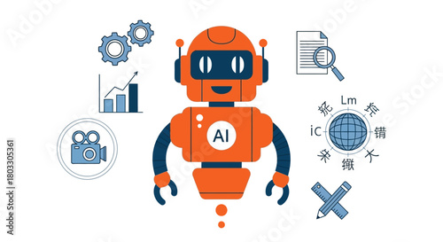 AI robot with data, camera, language, and design icons