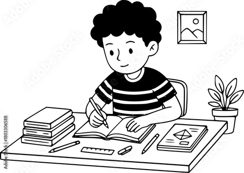 Black and White Cartoon Kid Doing Homework Vector — Coloring Page
