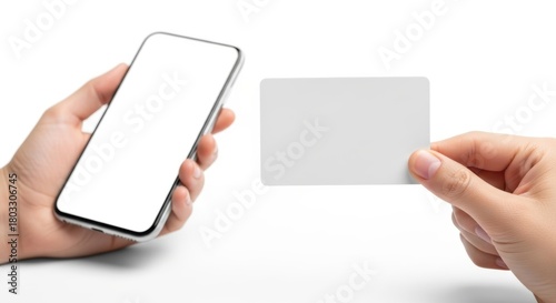 Hand Holding Smartphone and Blank Card, White, Mobile, Communication
