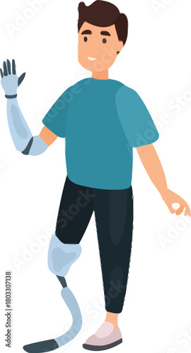 Joyful man with advanced prosthetic arm and leg confidently waving hello, embracing a modern, inclusive future