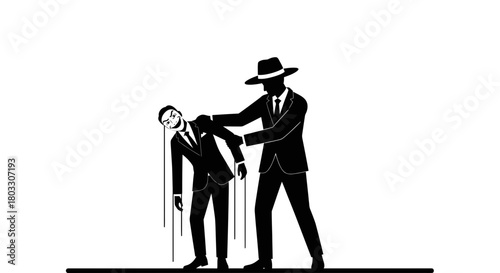 Powerful puppet master controlling a smiling marionette businessman