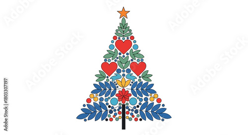 Vibrant folk art Christmas tree design with hearts and floral elements