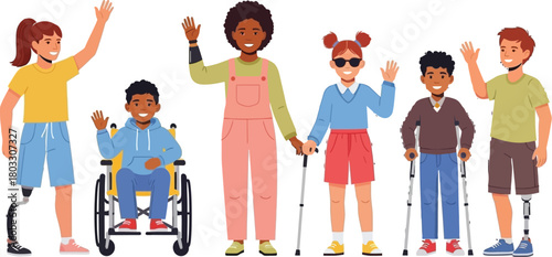 Diverse children with disabilities joyfully waving hello, celebrating inclusion and friendship in a vibrant, supportive community setting