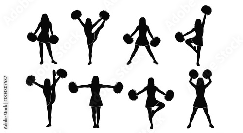 Dynamic cheerleader silhouettes performing stunts with pom poms