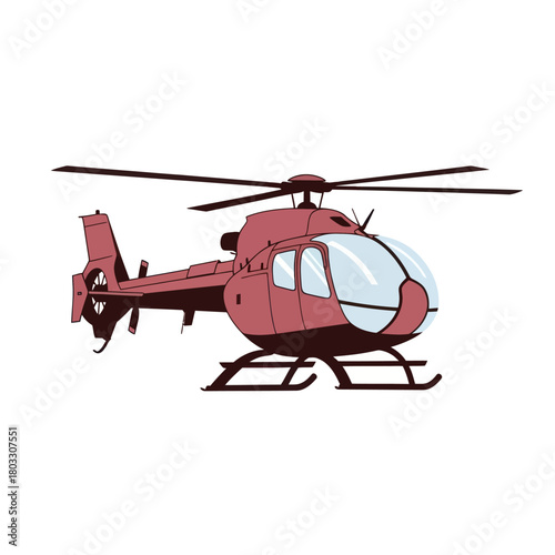 A modern red helicopter illustration with dark rotors, landing skids, and a bubble canopy.