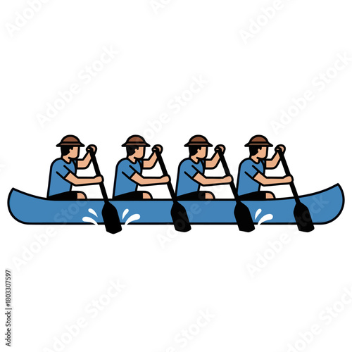 Cartoon illustration of a four-person rowing team paddling in a blue canoe