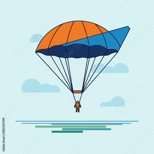 A stylized vector illustration of a person parachuting with a large orange and blue canopy.
