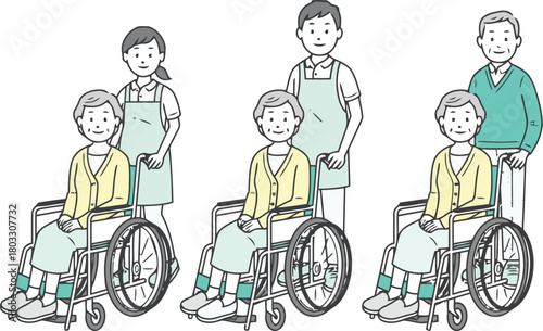 Caring caregivers assist smiling elderly individuals in wheelchairs, symbolizing compassionate healthcare and support for seniors.