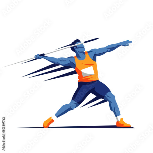 Dynamic illustration of a muscular male athlete in a blue and orange uniform throwing a javelin.