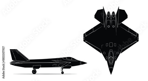 Sleek fighter jet silhouetted from side and top for aviation concepts