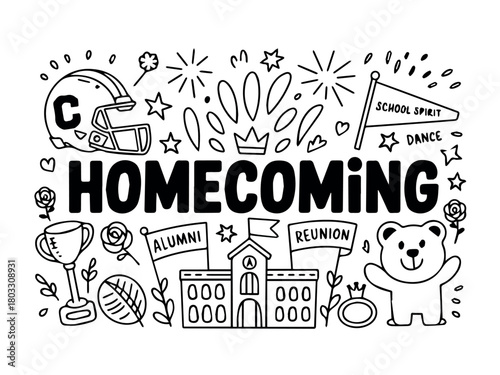 Vector a whimsical homecoming doodle featuring a football helmet, school, bear, and celebratory elements