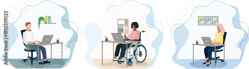 Diverse professionals collaborating remotely, each working diligently on laptops from comfortable, modern home office setups