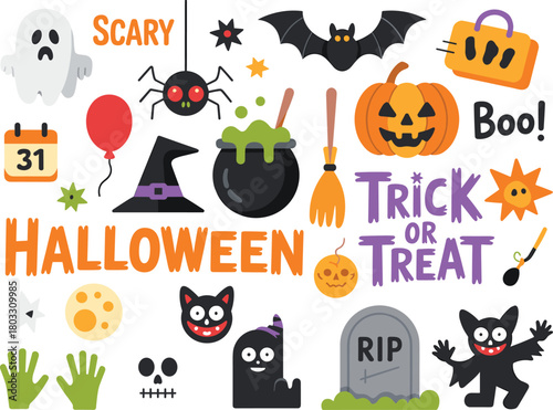Colorful flat Halloween icons collection with pumpkins ghosts bats witch items trick or treat elements for festive spooky seasonal design artwork