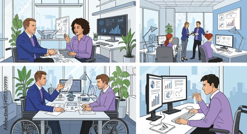 Diverse professionals collaborate seamlessly in a modern office, discussing data analytics and business growth while embracing inclusivity.