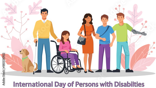 Diverse group celebrates inclusion with a person in a wheelchair, a guide dog, and a prosthetic arm