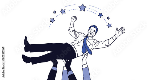 Businessman celebrated by team, soaring with success and achievement