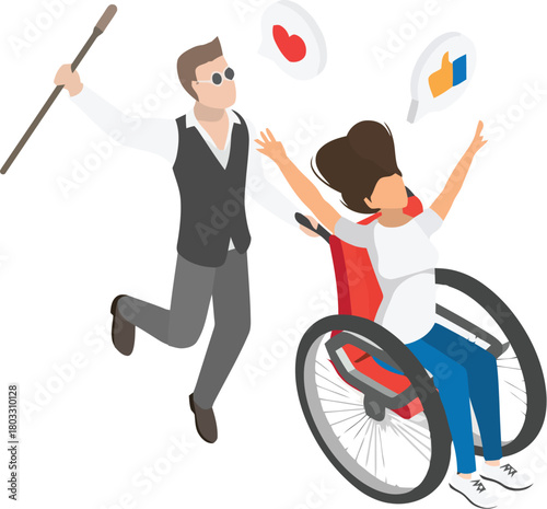 Joyful blind man and woman in wheelchair celebrating connection and social media likes with positivity and inclusion
