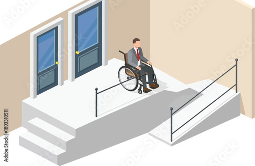 Determined businessman in wheelchair navigates modern building entrance with ramp and stairs, symbolizing accessibility and inclusion