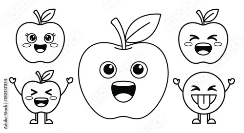 Joyful kawaii apples with happy expressive faces for fun designs