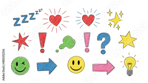 Colorful collection of hand-drawn doodle icons for expressing emotions and creative ideas
