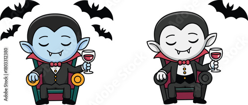 Cute cartoon vampire sitting on throne holding wine glass, spooky Halloween character with bats in dark and light background versions