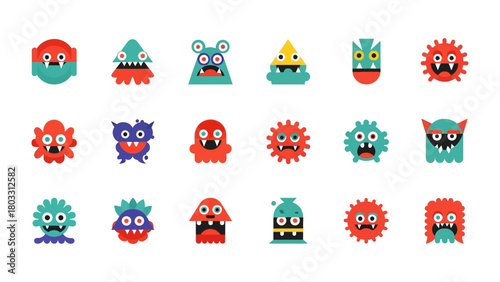 Collection of Cute and Colorful Flat Design Monster Icons for Halloween and Parties