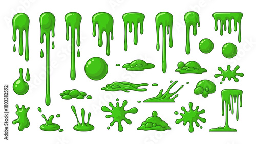 Vibrant Green Slime Collection Dripping, Splashing, and Oozing Goo Elements Set