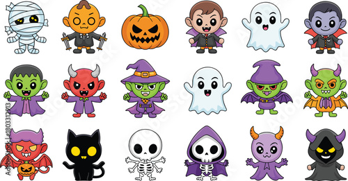 Cute Halloween cartoon character set featuring mummy, pumpkin, vampire, ghost, witch, goblin, devil, skeleton, black cat, spooky fantasy icons