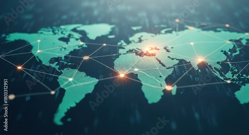 Global Network Connections on Digital World Map, Technology, Communication, Data