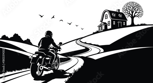 Motorcycle rider heading home on winding road, scenic countryside escape