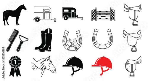 Equestrian essentials: horse, trailer, saddle, boots, helmet, ribbon