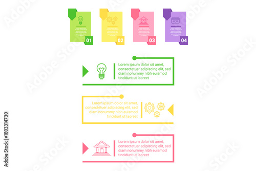 Infographic set presenting four colorful sections focusing on different educational themes. Each section including icon, title, and brief text summarizing important ideas for easy understanding