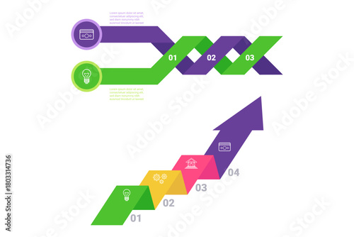 Infographic illustrating clear progression of steps in growth and innovation. Each phase featuring icons representing essential concepts for development and success in business and ideas