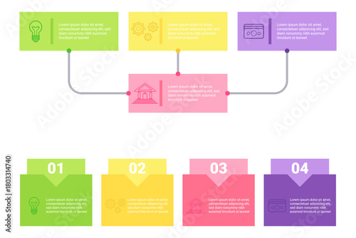 Graphic illustrating step-by-step process using colorful boxes and icons. Each section detailing aspect of process, helping viewers understand complex information clearly