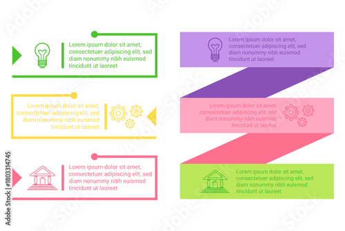Infographic set displaying various concepts using colorful designs and graphics. It including elements like light bulbs and buildings, organized in clear layout for easy understanding