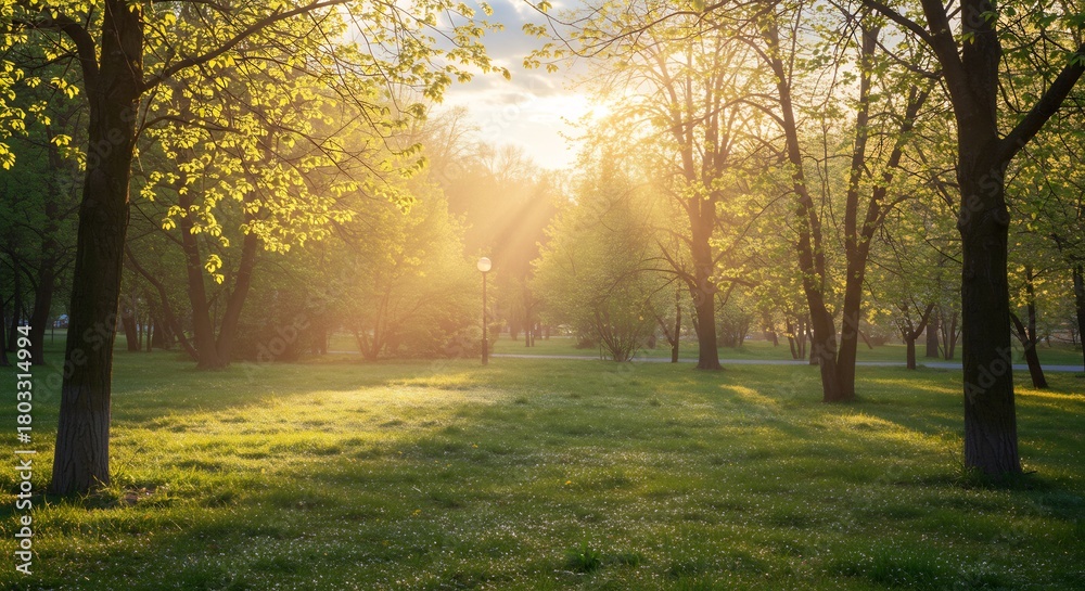 Naklejka premium 眩い木漏れ日が降り注ぐ新緑の森 黄金色の光が美しく輝く早朝の風景. AI Generated