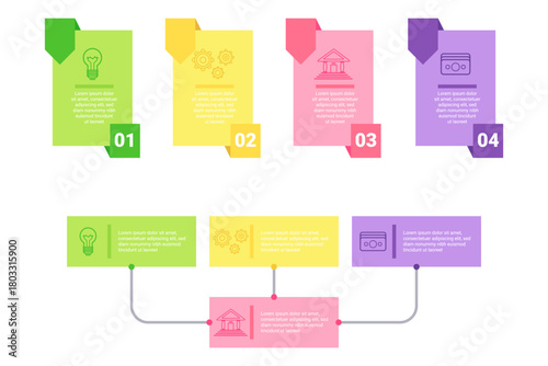 Infographic set presenting essential concepts and processes through colorful sections, each featuring unique icons and brief descriptions for clear understanding