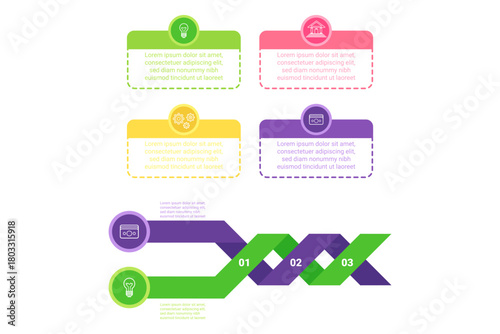 Infographic set presenting important concepts using colorful boxes and icons. It providing clear visual representation of information structured in sequential format