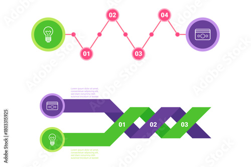 Colorful infographic presenting flow of steps in process. It including icons for ideas, concepts, and audio device, designed to convey changes over time