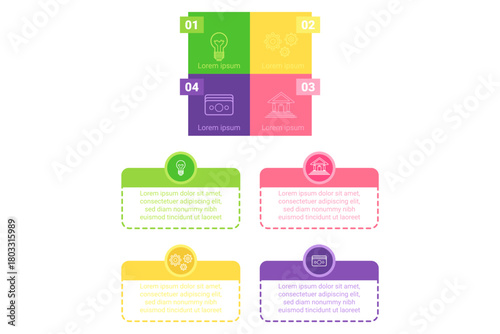 Infographic set presenting four colorful sections, each highlighting unique concept with icons, informative text, and clear layout. Design aiming for easy understanding and visual appeal