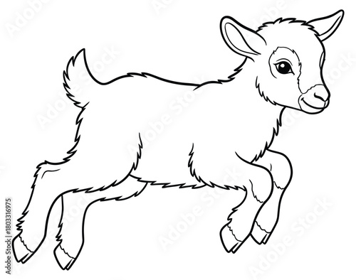 Jumping baby goat outline drawing Kids coloring page farm animal line art vector illustration monochrome