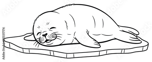 Baby Seal Pup Sleeping on Ice Floe Outline Vector Cartoon Illustration for Coloring Book