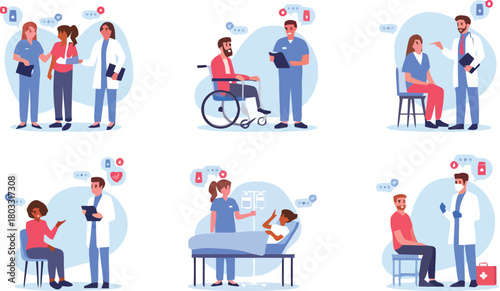 Caring healthcare professionals provide diverse medical support to patients in various hospital and clinic settings, showcasing compassionate treatment and recovery journeys.