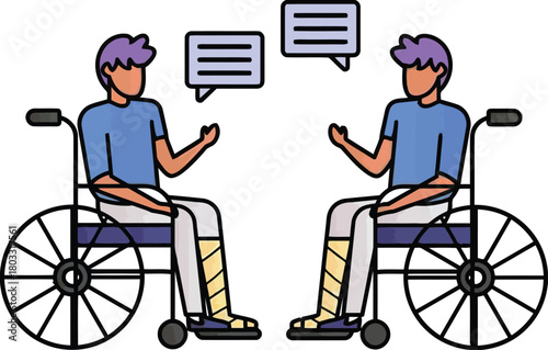 Two individuals in wheelchairs communicate through chat bubbles, representing shared experiences and support