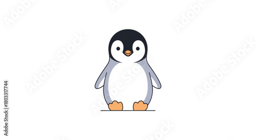 Premium flat-vector baby penguin with soft simplified shapes, clean outlines, subtle pastel accents, isolated on pure white background