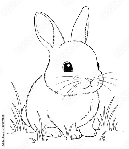 Cute Bunny Sitting in Grass Coloring Page Outline Vector Illustration