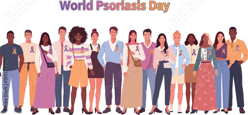 Diverse group of people united for World Psoriasis Day showing support and awareness with symbolic ribbons