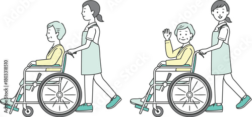 Caring caregiver assisting elderly person in wheelchair with warm smile and friendly wave, promoting independence and comfort in healthcare settings.