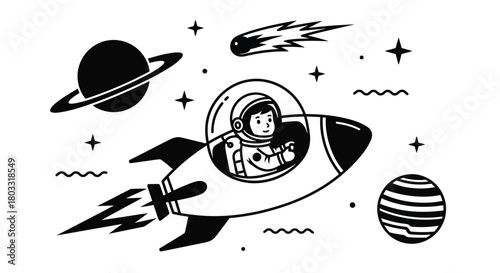 Child astronaut explores space in a rocket, discovering planets and stars.