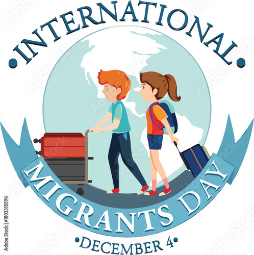 Two diverse children with luggage embark on global journey celebrating International Migrants Day with hope and adventure